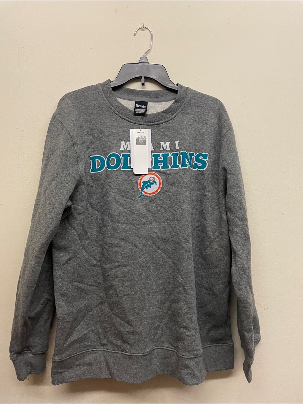 Miami Dolphins Gray Crewneck Sweatshirt with Teal & Orange Logo - Size L